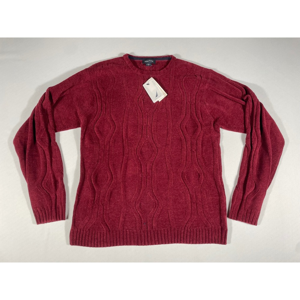 Nautica Mens Sweaterfleece Crewneck Wavy Cable Knit Sweater Burgundy Medium NWT